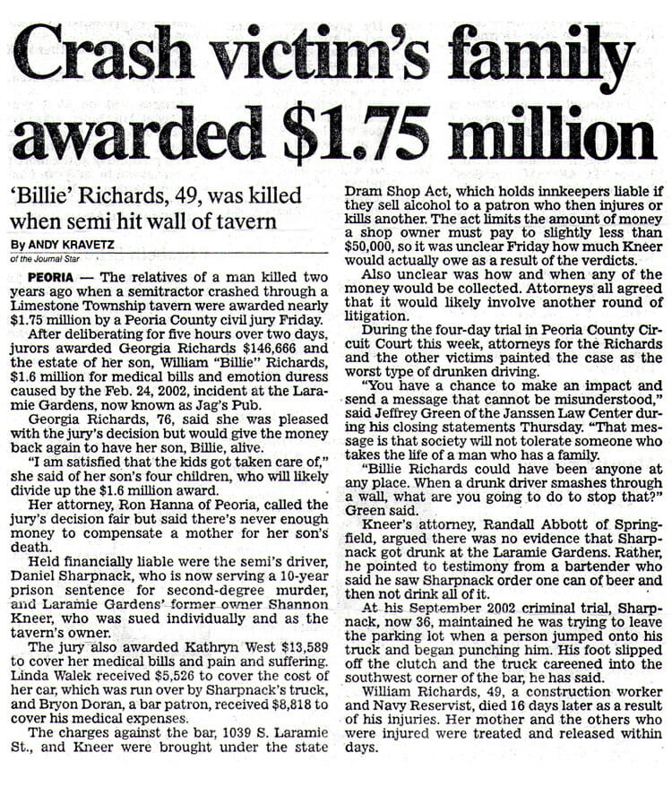 Crash victim's family awarded $1.75 million. Newspaper print story about legal case, Billie Richards v. Laramie Gardens