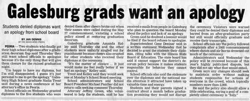 Galesburg grads want an apology. Newspaper print article regarding case against Galesburg, IL School District.