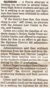 Newspaper print article about Galesburg High School students who brought a legal case because their diplomas were withheld.