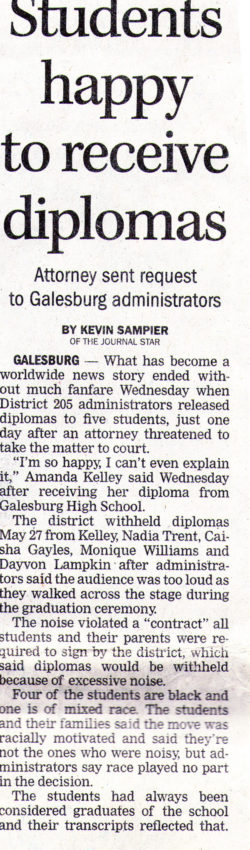 Students happy to receive diplomas. Newspaper print article about Galesburg High School students' legal case.