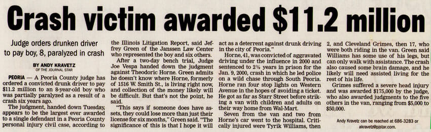 Crash victim awarded $11.2 million. Newspaper print article about DUI injury case, Tyriq Williams v Theodoric Horne.